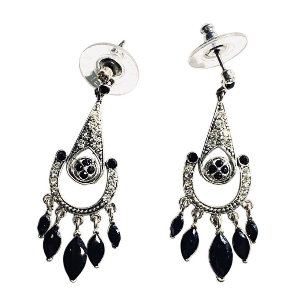Monet Art Deco Style Silver & Black Crystal Rhinestone Chandelier Earrings
